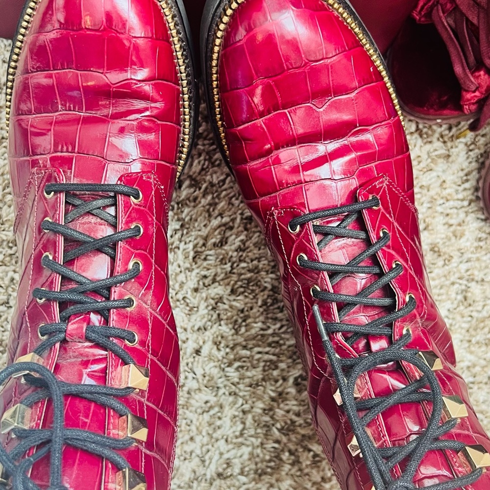 Michael Kors Women's Red Croc-Embossed Combat Boots - Picture 2 of 6